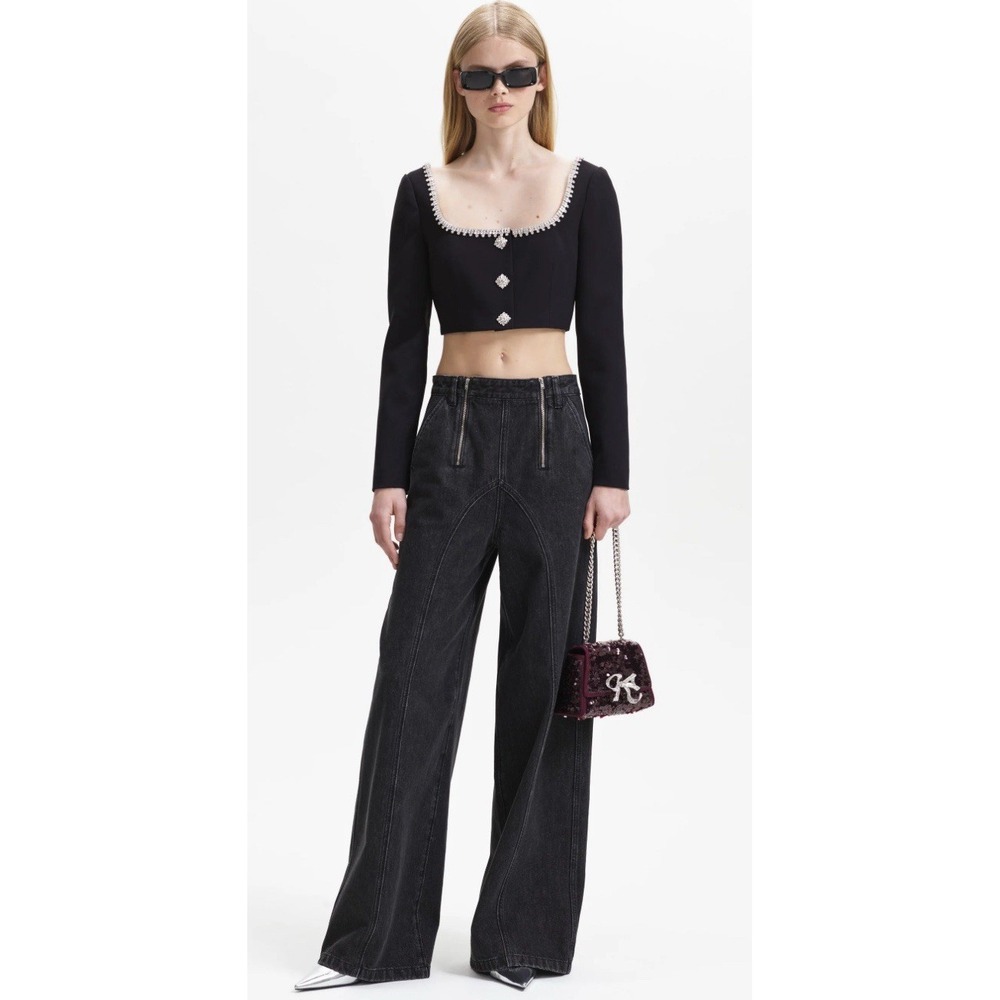 Self Portrait Zip-Embellished Straight-Leg Wide Black Jeans Size 26x30